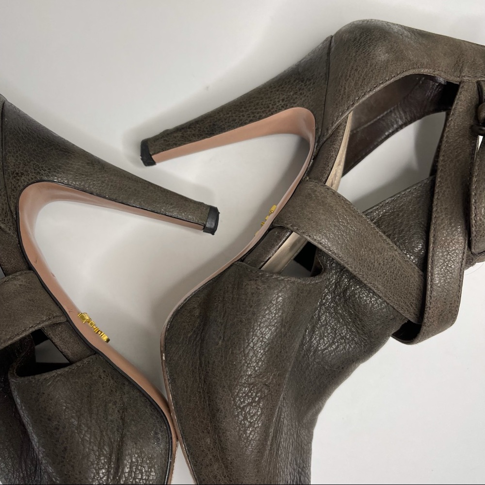 Prada Brown Suede Leather Cutout Peep-toe Stiletto Heels Platform Sz 37 Italy - Picture 9 of 14